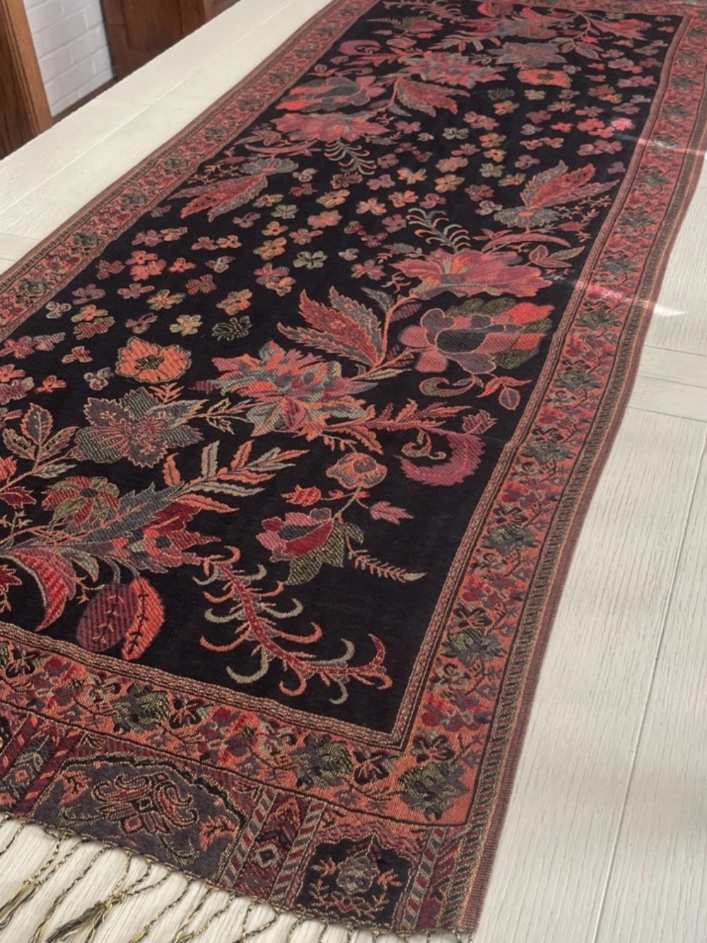 Beautiful Woven Floral Table Tapestry Fringed 27”x72” Reversible